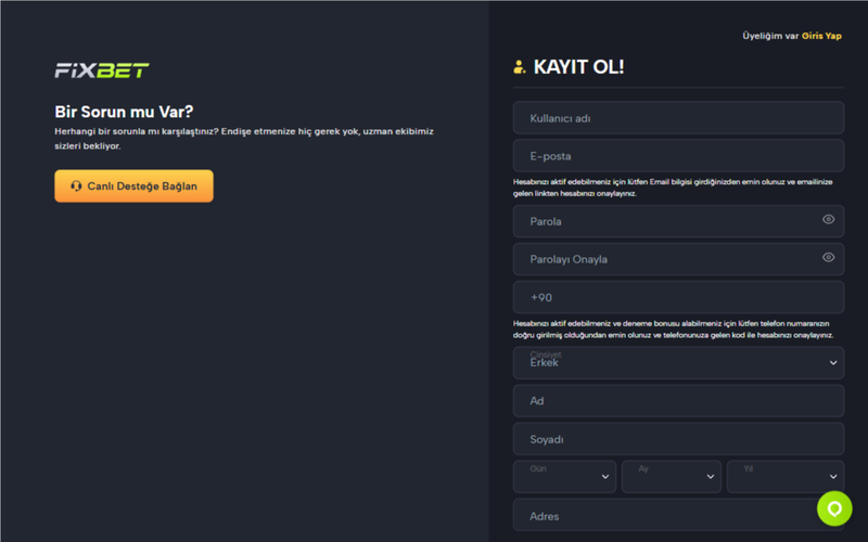 Fixbet kayıt formu sayfası