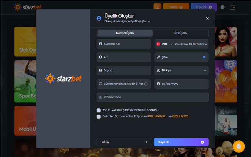 Starzbet kayıt formu sayfası